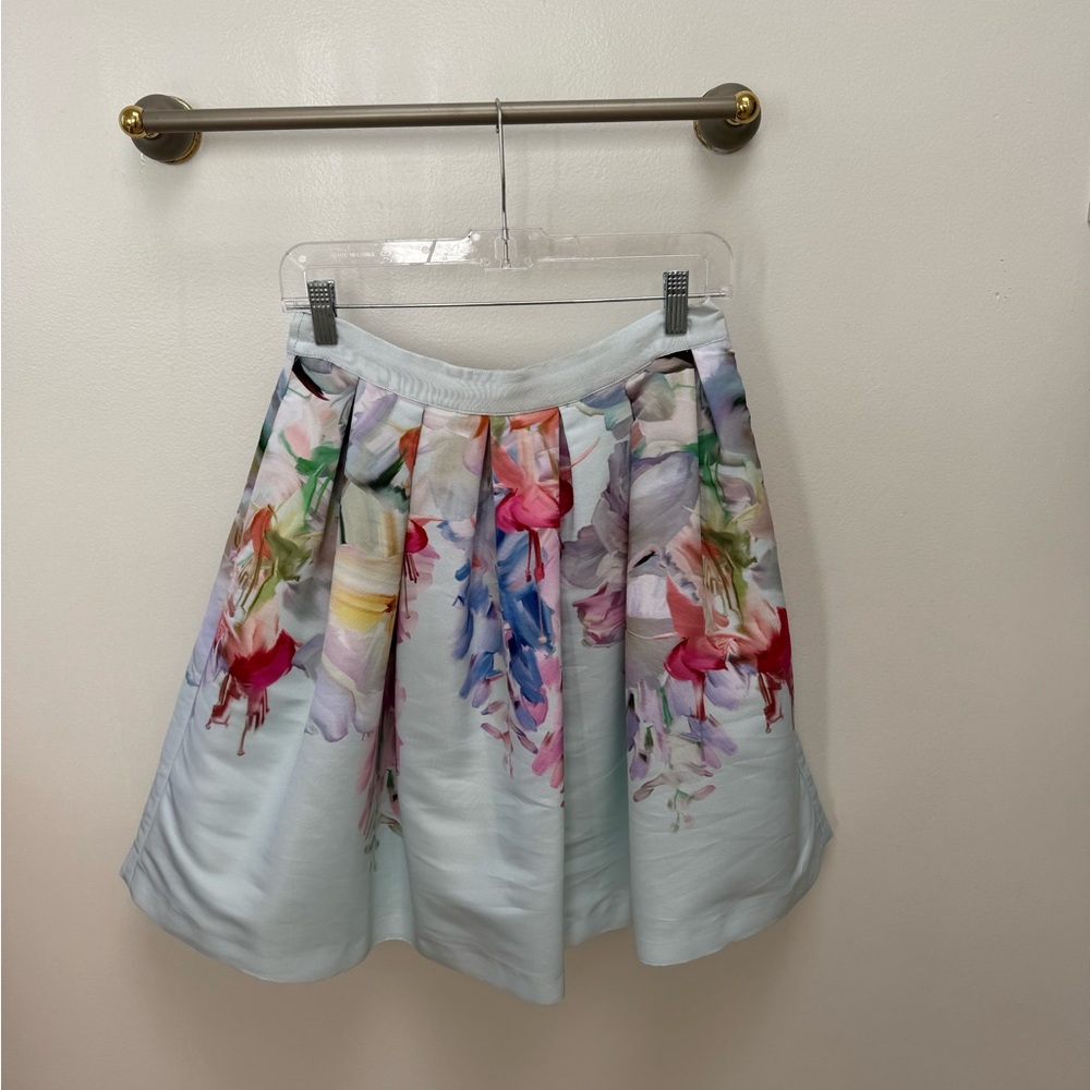 Ted Baker Floral Pleated A-Line Skirt - Light Blue with Multicolor Floral Print